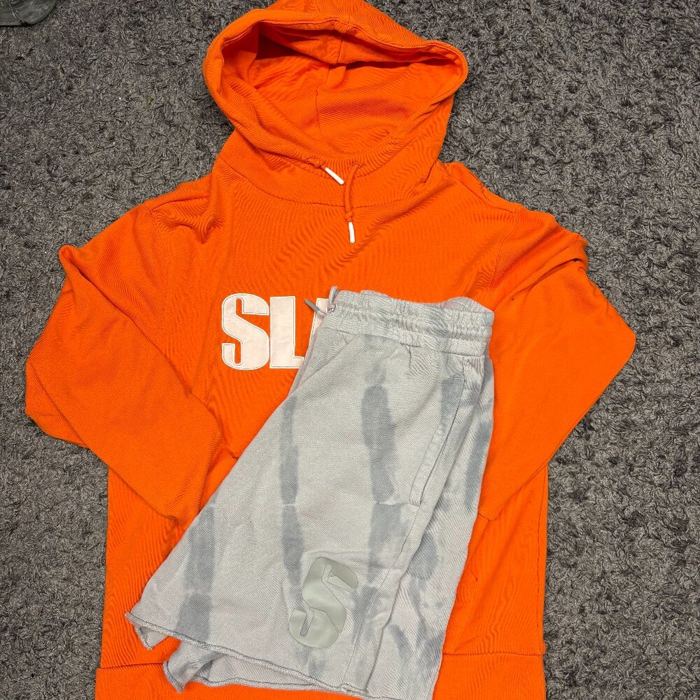 SLAM Mens Graphic Hoodie Jumper Orange INCLUDING SLAM Shorts Gray
